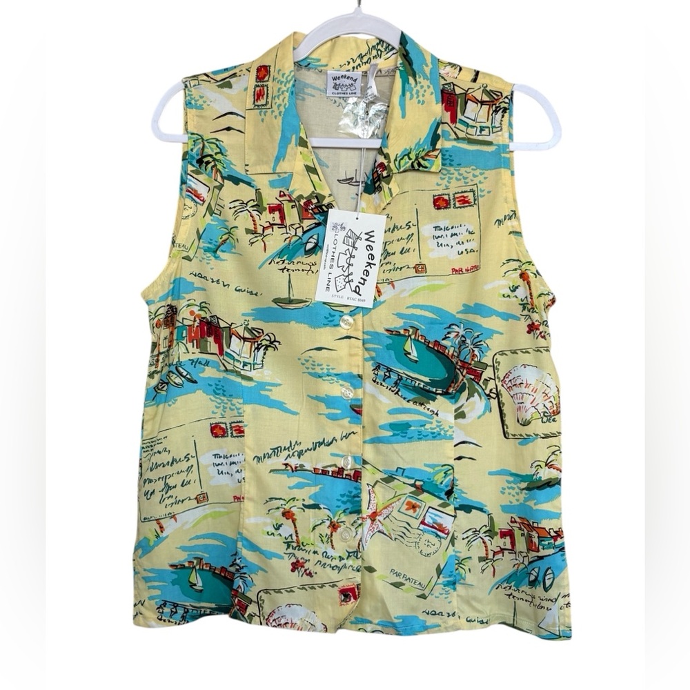 New Weekend Hawaiian Tropical Print Sleeveless Button Down Shirt Blouse Size M